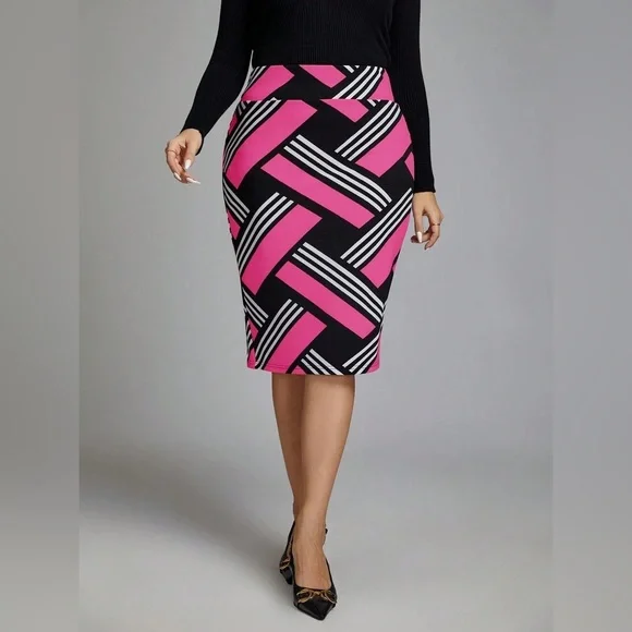 SHEIN Curve size 3X Casi Pink Black Geometric Clasi High Waist Color Block Skirt - Picture 3 of 6